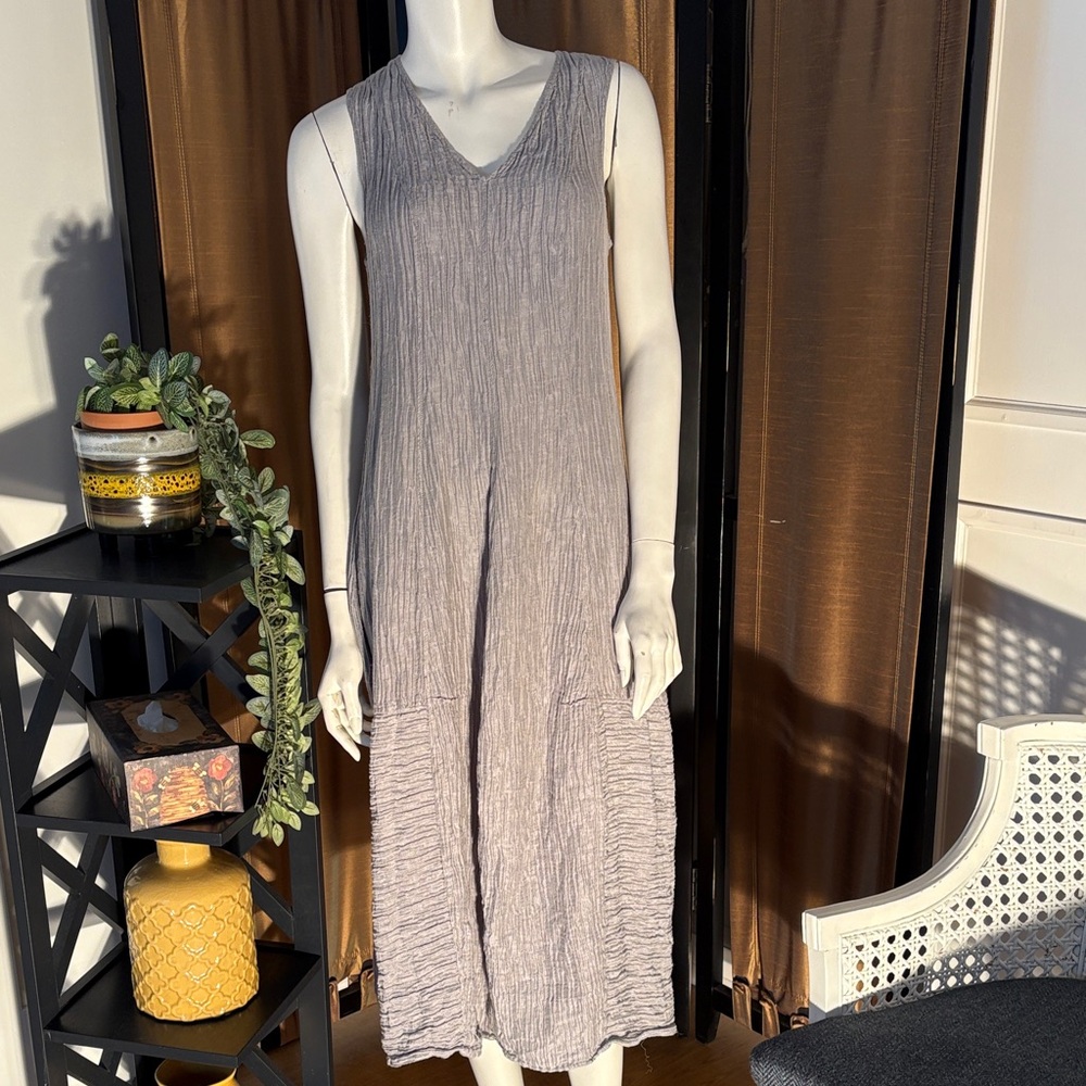 Grizas Gray Crinkled Silk and Linen  Balloon Midi Dress